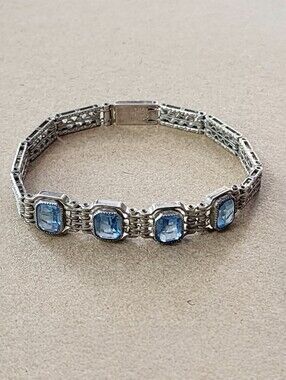 Art Deco Sterling Fiigree Line Bracelet Blue Lab Spinel Wells Sterling Silver 7"